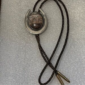 Vintage Southwestern Silver horseshoe and genuine rhodochrosite Bolo Tie